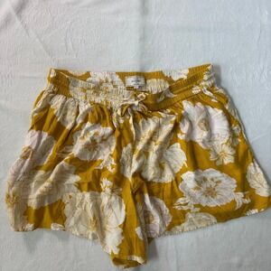 Fat Face Mustard Yellow Floral Pull On Shorts Elastic Waist Pockets Size US 12